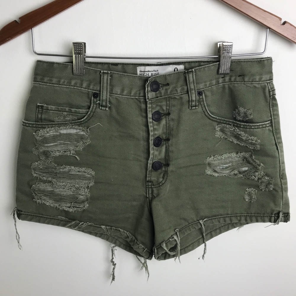 A&F high waisted olive green ripped shorts, 0